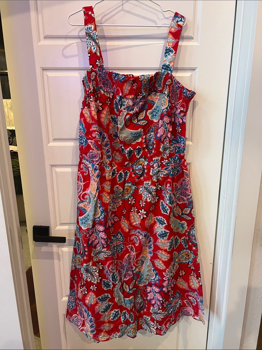 Talbots 100% Cotton Red Paisley Midi Dress with Smocked Bodice